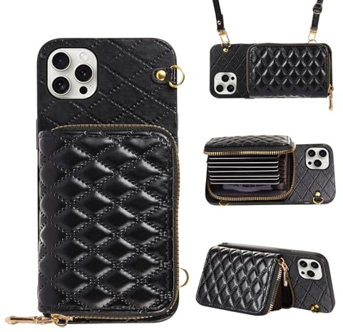 ELISORLI Compatible with iPhone 15 Pro 6.1 inch Zipper Wallet Case with Crossbody Shoulder Strap, 8 Card Slots and Leather Stand Cell Phone Cover for iPhone15Pro 5G i i-Phone i15 iPhone15 15Pro Black