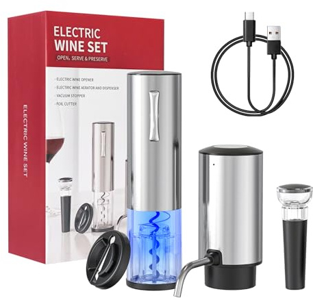 Todeco Coffret Cadeau 4-en-1 avec Tire-bouchon et Aérateur Électriques | Rechargeable USB, Acier Inoxydable, Coupe-Capsule, Bouchon Sous Vide, pour Cadeau Noël Fêtes