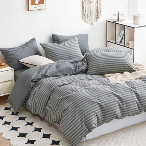 Nesture Bettwäsche 135x200 Baumwolle Graue Streifen - Bettwäsche-Sets 100% Gewaschene Baumwoll mit Stone-Washed Leinen-Optik, Enthält 1 Bettbezug 135 x 200cm und 1 Kissenbezug 80x80 mit Reißverschluss