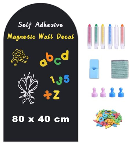 WIBOSOGA Pizarra negra magnética autoadhesiva – diseño en arco – 80x40 cm | Lámina de pizarra negra de tiza adhesiva para pared – incluye tizas, imanes y paño – hogar, escuela y oficina (negro)
