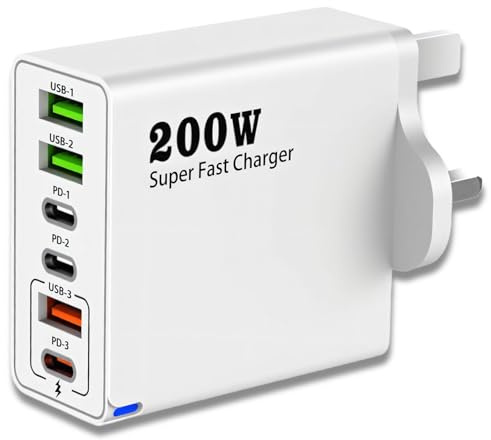 200W USB C Charging Station with 6 Ports, Multi USB Charger with PD | 100W/65W/45W/20W Fast Charging Multi Charger usb Plug uk Compatible with iPhone, Samsung, earphone, Tablets and USB-C Devices