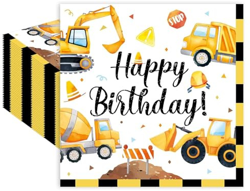 40 Stück Bagger Servietten Kindergeburtstag 33x33 Cm, Baustelle Party Tischdeko Mit Baufahrzeugen, Bagger Servietten für Jungen Mädchen, Serviette Kindergeburtstag Baustellen Motto