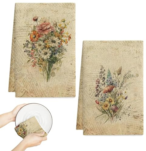 Saituo Home 2 Piezas Toallas Lavabo, Toallas de Mano de Flores Vintage | 45 x 66 CM, Paños de Cocina Rizo Decorativos de Ramo de Flores, Kitchen Towels de Microfibra Reutilizables para Baño Hogar