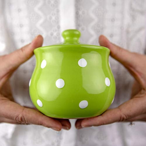 City to Cottage Ceramic Sugar Bowl with Lid, 10oz Sugar Contanier for Coffee Bar, Sugar Dispenser Bowl, Salt - Condiment Pot for Kitchen Counter, Handcrafted Pistachio Green Polka Dot Sugar Jar