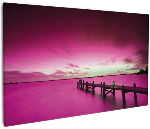 Wallario Leinwandbild Steg bei Abenddämmerung -Himmel bei Nacht Lila gefärbt - Wandbild 60 x 90 cm: Kunstdruck | Brillante lichtechte Farben | hochauflösend | verzugsfrei