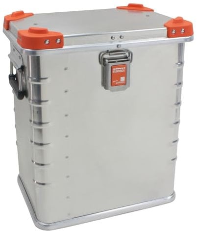 Dönges Sauerstoff-Box, 400 x 300 x 460 mm (Eurobox Transportkiste Transportbox), orangefarbene Stapelecken, hochfeste, korrosionsbeständige Aluminium-Legierung, Scharniere aus Edelstahl