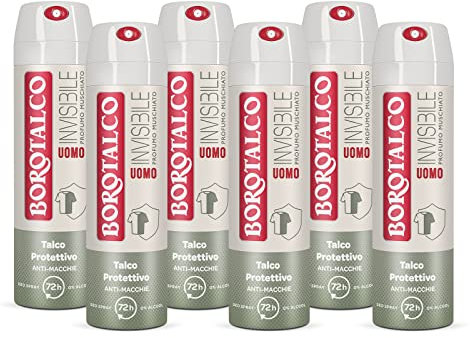 Borotalco, Deodorante Uomo Spray Invisibile, Formula Senza Alcool con Talco Protettivo, Anti-Macchie, Profumo Muschiato, 72h di Efficacia - 6 Pezzi da 150 ml