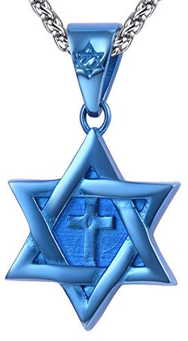 U7 Herren Kette blau Edelstahl Symbol des Judentums Davidstern mit Kreuz 3mm 55cm Weizenkette Hexagramm Anhänger Halskette Judischer Modeschmuck Geschenk für Juden