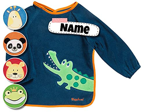 Langarm Lätzchen bestickt mit Namen, personalisiert, Spucktuch Baby mit Ärmel | Baby Erstausstattung (Navy - Kroko)