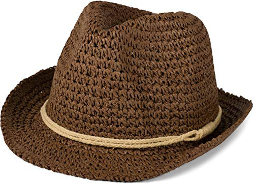 styleBREAKER Trilby Hut in Leichter Häkel Optik mit Zierband und Krempe, Sonnenhut, Papierhut, Strohhut, Unisex 04025026, Farbe:Braun-Beige, Größe:S/M = 56 cm