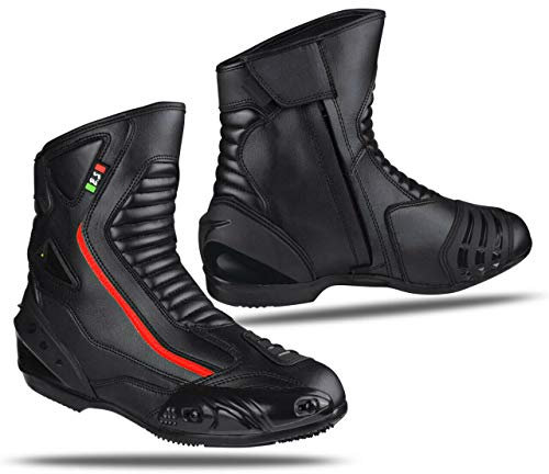 BI ESSE -Stivali Moto In Pelle,Scarpa Per Motocicletta Impermeabile,Traspiranti,Stivaletti Invernali Strada,Protezione Caviglia (Nero/Rosso, Sistema Taglie Calzature EU, Adulto, Numero, Media, 45)