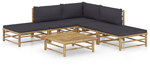 vidaXL Gartenmöbel 6-TLG. mit Dunkelgrauen Kissen Garten Garnitur Sitzgruppe Sofa Gartensofa Gartenset Sitzgarnitur Lounge Mittelsofa Ecksofa Fußhocker Bambus