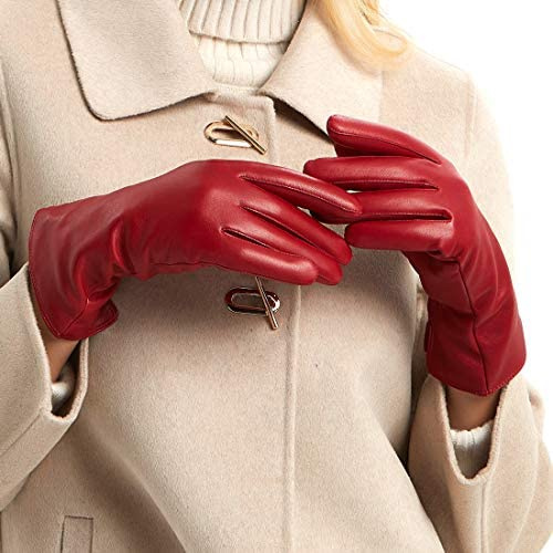 MGGMOKAY Womens Winter Leather Gloves Cashmere Lined Touchscreen,Red,L