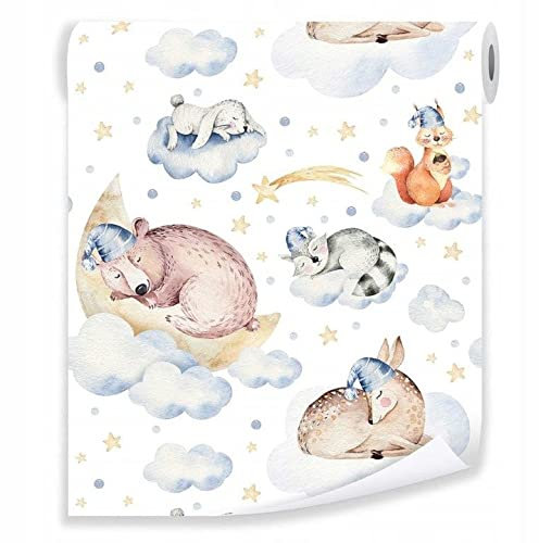 Vlies Tapete Rolle Kinderzimmer Tiere Sterne weiß Mädchen 10mx50cm Modern 10M Vliestapete Kindertapete Tapeten Wandtapete Mustertapete Tapetenrolle inklusiv Kleister UV-Beständig (1015)
