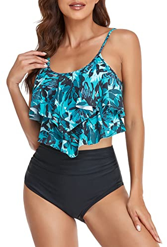 FLYILY Tankini Costume da Bagno per Donne Top Doppio Ruffle Vita Alta Costumi da Bagno 2 Pezzi Costumi da Bagno(3-BlueLeaf,XL)