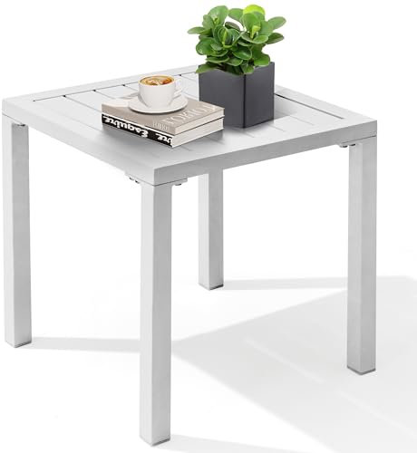 Crestlive Products Chaiselounge-Tisch, Aluminium, quadratisch, Beistelltisch, kleiner Terrasse, Couch, Bistrotisch für den Innen- und Außenbereich (weiß)