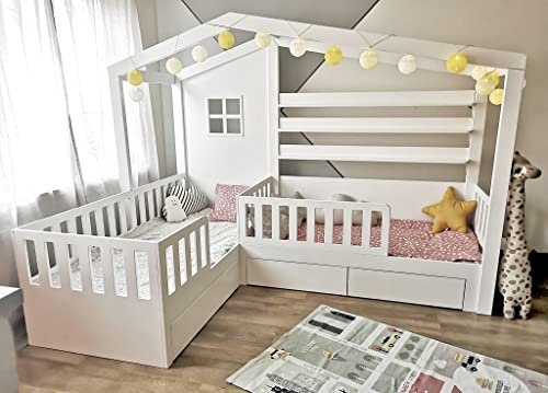 L-förmiges Bett Montessori Eck Doppelbett mit Lesesofa aus Naturholz, individuelle Größe erhältlich (90 x 200 cm, White)