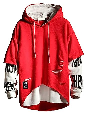 DUDHUH Herren Kapuzenpullover Mode Pullover Buchstaben Print Trainingsanzug Techwear Freizeitmantel Hip-Hop Sweatshirt, rot (2), Large