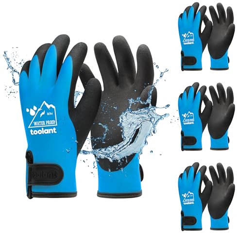 toolant 100% Waterproof Gloves Bulk Pack, 3 Pairs, Winter Work Gloves for Cold Weather, Touchsreen, Warm Freezer Gloves, Thermal Insulated, With Grip, Blue, Medium