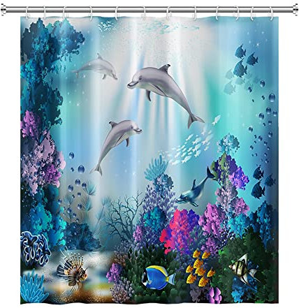 SDOTPMT 105x160cm Océan Dauphin Rideau de Douche Rayon de Soleil Tropical Rideau de Bain sous-Marine Monde Marin Animaux Rideau de Bain pour Salle de Bain Étoffe Polyester Étanche avec Crochets