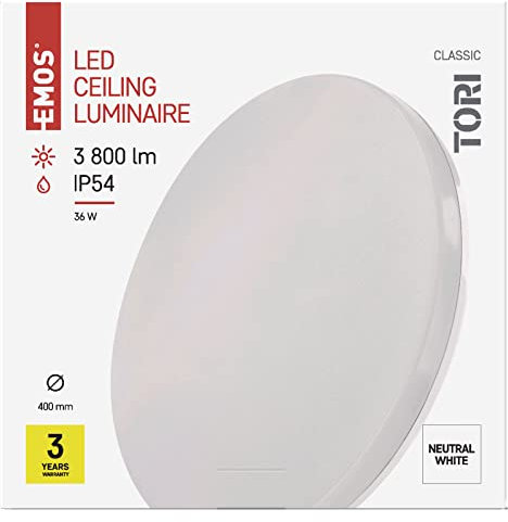 EMOS LED-Deckenleuchte TORI 36 W, für Außen und Innen, Helligkeit 3800 lm, neutralweiß 4000K, Deckenlampe Flur, Bad, Küche, Balkon, Terrasse rund Ø 40 cm, ZM4325, Weiß