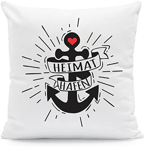 GRAVURZEILE Kissen mit Spruch - Heimat Hafen Design - Geschenk mit Anker & Herz - Geschenk für Freund Freundin Partner zum Geburtstag Weihnachten Valentinstag - für Sie & Ihn - Größe mit Füllung