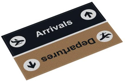 Fußmatte bedruckt | Auf Wunsch personalisiert | Arrivals + Departures | Größe wählbar bis 150 cm | Basic 1.500 g/m² | individuell gestaltet (Mit Originaltext Arrivals + Departures, 400 x 600 mm)