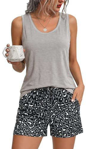 Bresdk Pyjama Femme Court en Coton 2 Pièces Haut Col V Short à Carreaux | Ensemble loungewear d'été doux et respirant en coton. Short à carreaux imprimé avec ceinture élastique, cordon et 2 poches