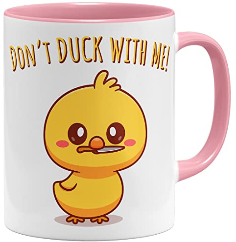 OM3® Lustige Statement Tasse mit Spruch - Ente - Don't Duck with Me | Keramik Becher | 11oz 325ml | Beidseitig Bedruckt | Rosa