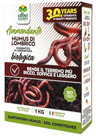 Albagarden - Humus Di Lombrico - Ammendante Organico 100% Biologico - Concime E Fertilizzante Per Piante Da Giardino, Orto E Piante In Vaso Sia Con Terriccio Che In Terra - Scatola X 1 kg