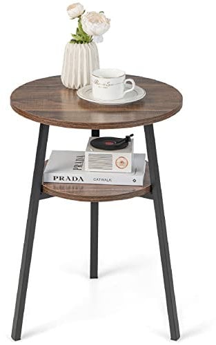 COSTWAY Round Side Table, 2-Tier Industrial Sofa End Table Small Nightstand with Storage Shelf, Metal Frame Wooden Coffee Snack Tea Table for Living Room, Bedroom and Office (1, Rustic Brown)