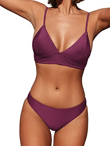 CUPSHE Damen Bikini Set V Ausschnitt Triangel Breites Unterbrustband Rippstruktur Bademode Zweiteiliger Badeanzug Swimsuit Lila M