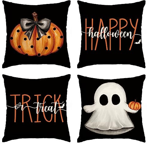 Artoid Mode Kürbisse Geist Happy Halloween Kissenbezüge 4er Set, 45x45 cm Trick or Treat Zierkissenbezug Couch Wohnzimmer Deko