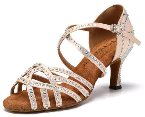 VCIXXVCE Scarpe da Ballo Latino Americano Donna Tacco 7.5 Strass Salsa Bachata Tango Performance Scarpe Ballo da Sala,37.5 EU