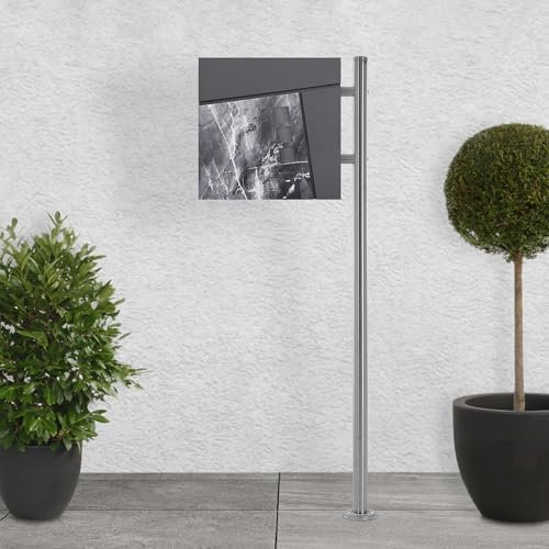 ECD Germany Standbriefkasten mit Zeitungsfach, Design Briefkasten mit Pfosten, Briefkastenanlage, Briefkastenständer Silber Edelstahl, Postkasten Anthrazit Schwarz-Marmoroptik Stahl pulverbechichtet