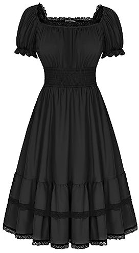 SCARLET DARKNESS Classic Renaissance Long Dress Square Neck Short Puff Sleeve Smocked A-Line Pirate Victorian Gothic Dresses Black Dress Plus Size XL