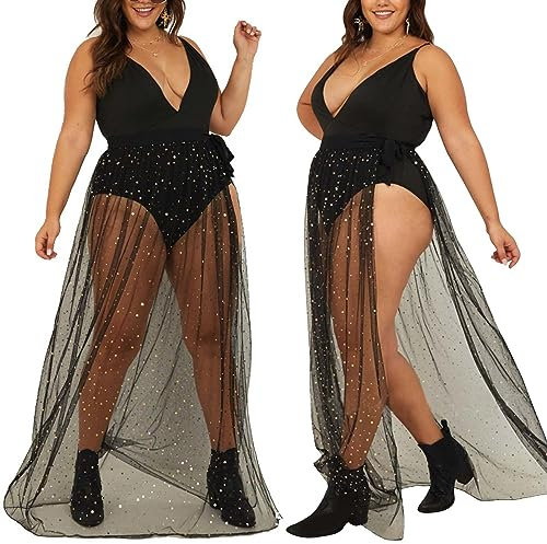 Glitzer Rock Damen Lang Durchsichtig, Mesh Rock Festival, Schwarzer Langer Tüllrock M, Netzrock Strand, Bikini Cover Up, Maxirock mit Schlitz für Sommer Party Halloween Weihnachten