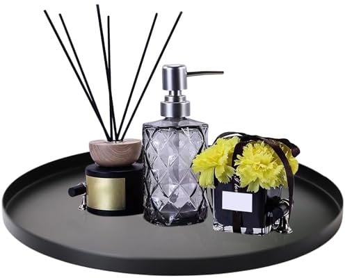 HOMURY Bandeja Negra de Metal Decorativa - 32 cm de Diámetro, Redonda, para Servir, Camarero, Almacenamiento y Soporte para Joyas