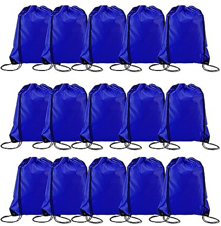 Playcrate 15 Blue Drawstring Bags Backpack - Party Gift Bags & Sports String Bag for Gym, School, Travel Storage Organization (Blue)