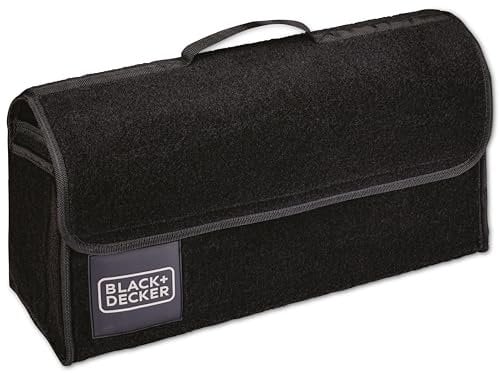 Black+Decker Organizador Maletero Coche - Organizador Coche 55 x 15 x 23 CM - Caja Plegable con 1 Compartimento Grande y 2 Bolsillos Deslizantes - Accesorios Coche y Compras - Con Velcro - Negro