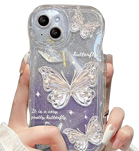 Cutecasee Cute Butterfly Glitter Bling Case Compatible with iPhone 14 Plus | Anti-Scratch Shockproof Case, for Women/Girls, Purple.