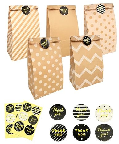 Paper Party Bags, 30Pcs Brown Kraft Candy Bags With 36Pcs Thank You Label Stickers for Birthday, Wedding, Baby Shower, Christmas - Sweets, Cookies, Snacks