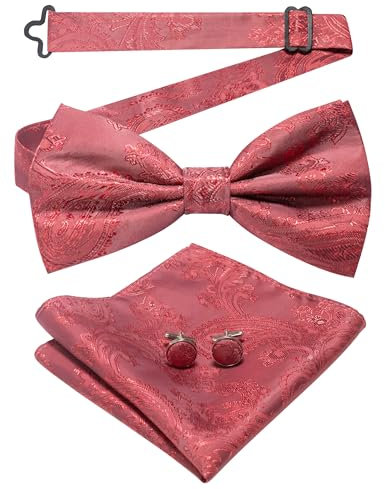 JEMYGINS Herren Fliege mit Cashewblütendesign Retro-Design mit Manschettenknöpfen und Einstecktuch,Ägyptisches Rotes Schwedisches Alfalfa-Rot