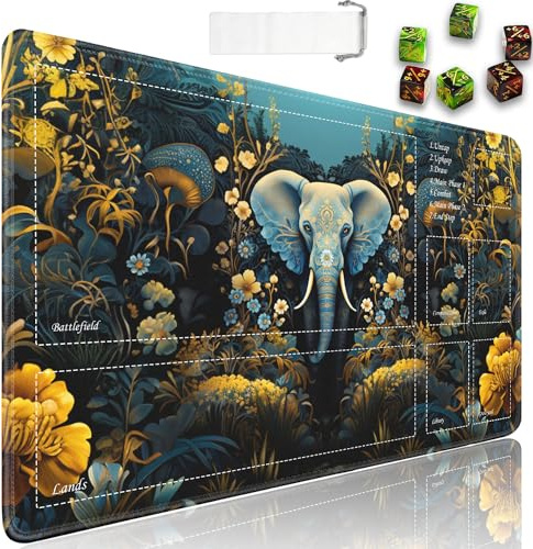 JVGFYNKL TCG Spielmatte, Spielmatte mit Zonen, 61 x 35,6 cm, rutschfestes Gummi für MTG-Spielmatte mit Kordelzug, Reisetasche und 6 Würfel, der goldene Elefant für MTG-Matte, Kartenspiel-Spielmatten