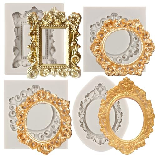 MYPRACS Picture Frames Silicone Mould Photo Frame Fondant Moulds Baroque Style Curlicues Scroll Frame Mould for Cupcake Topper Cake Decoration Chocolate Candy Polymer Clay Gum Paste Set of 4