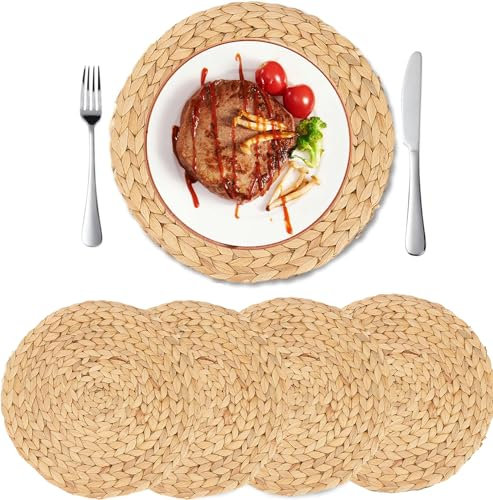 GUDAGUU Round Woven Placemats- Natural Water Hyacinth Weave Place Mat Set of 6,Braided Straw Table Mats for Dining Tables (4, 9.87 25cm)