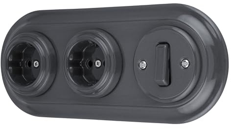 Unterputz Porzellan Retro Steckdose, Schalter, 3-fach, All-in-One, SET Serie PR1 dunkelgrau