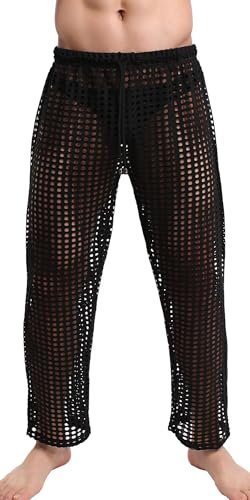 SEAUR Nachtwäsche Sexy Transparent Mesh Pantyhose Muskelleggings mit Kordelzug Active Yoga Leggings für Sommerstrand Schwarz M