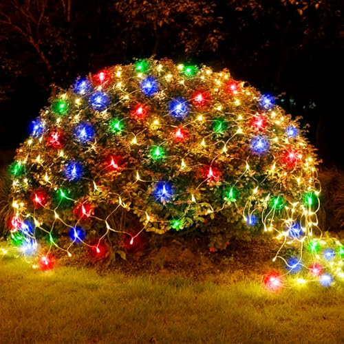 WoskjXas Guirnaldas Neta Luz, 96LEDs 1.5 * 1.5M Luces de Red Enchufe, 8 Modos Luces de Arbol de Navidad, Impermeable Arbol Navidad Exterior con Luces Neta Luz Exterior para Camino Balcón Jardín