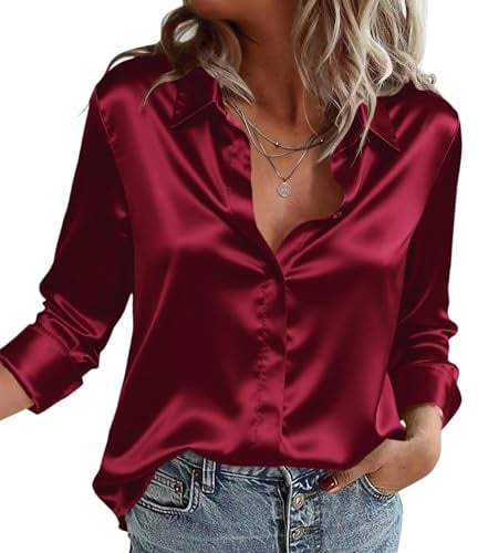 Zeagoo Blusa de Satén para Mujer Cuello en V Camisas Elegante Blusas Burdeos S